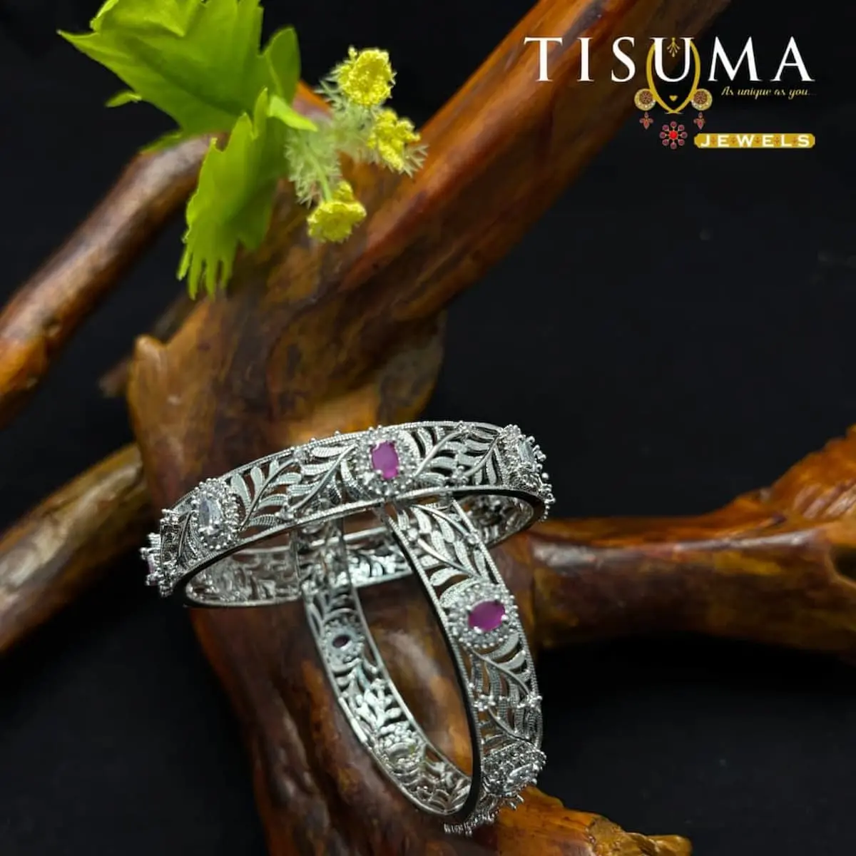 Silver Ruby Foliage AD Bangles